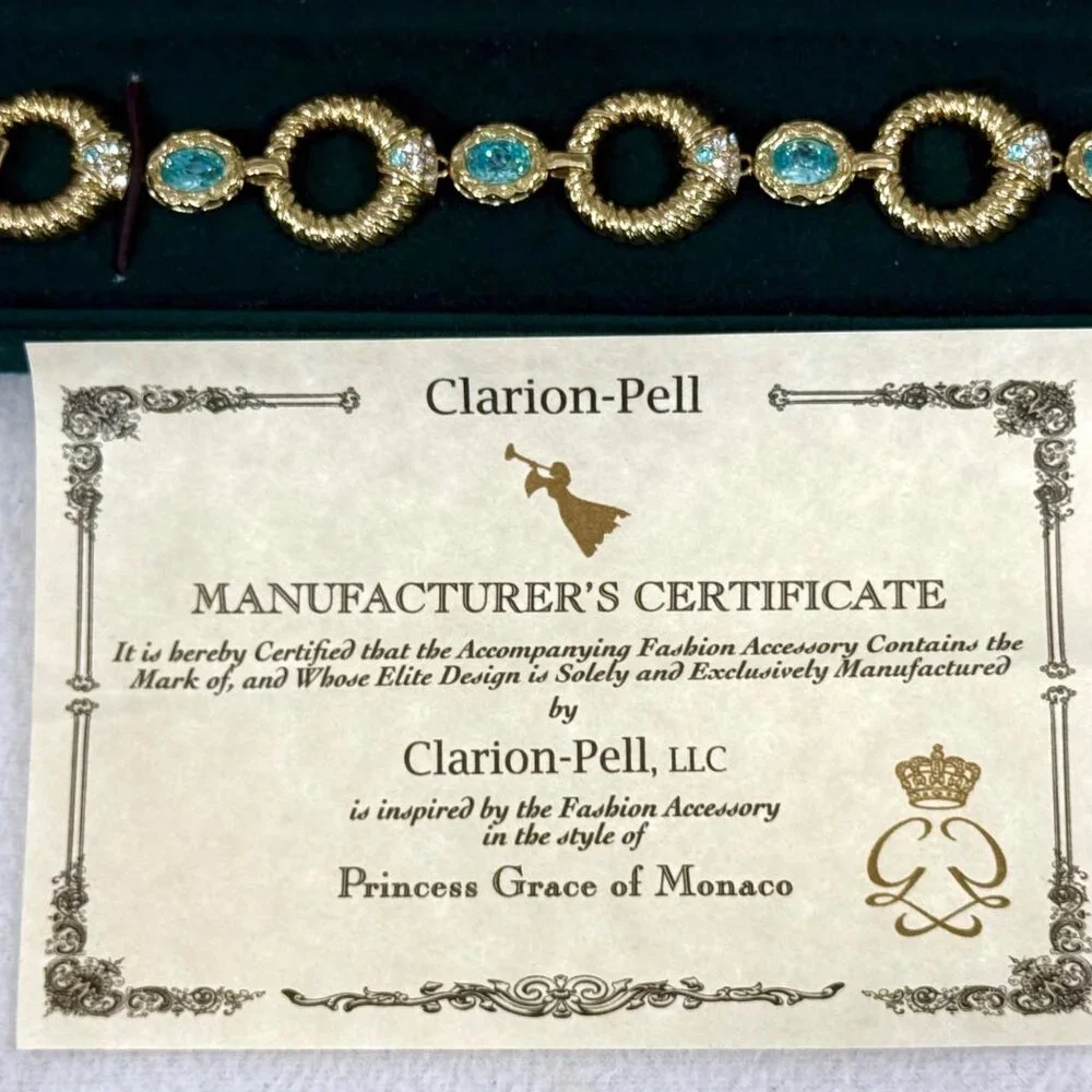 Vntg. Princess Grace Collection Gold Tone Bracelet w/Aqua Crystals & Rhinestones - Picture 10 of 15